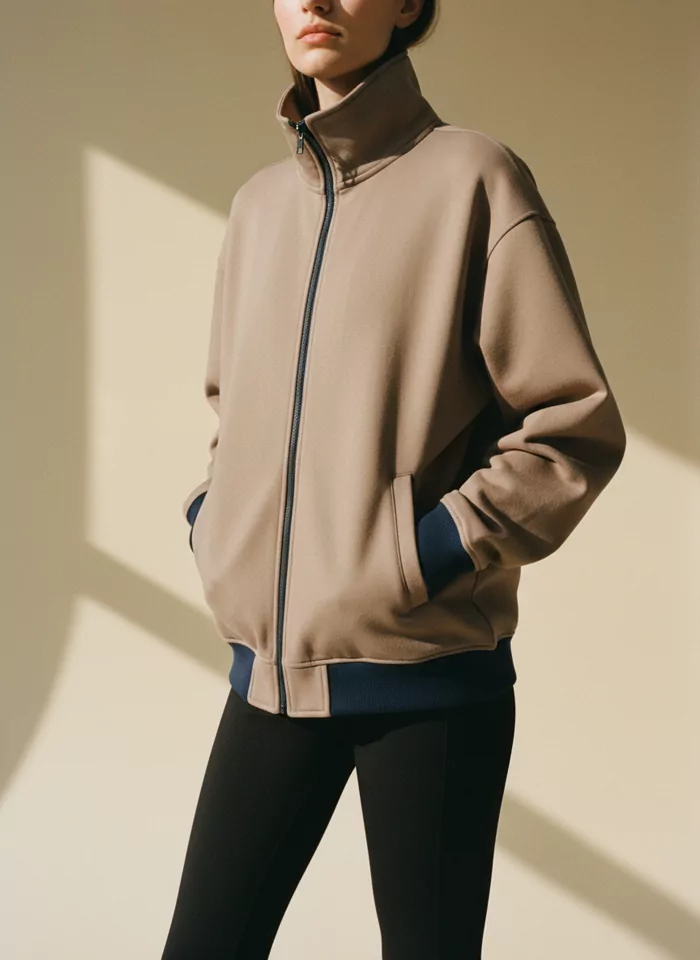 Oversized zip-through outer layer in warm stone grey, worn over black